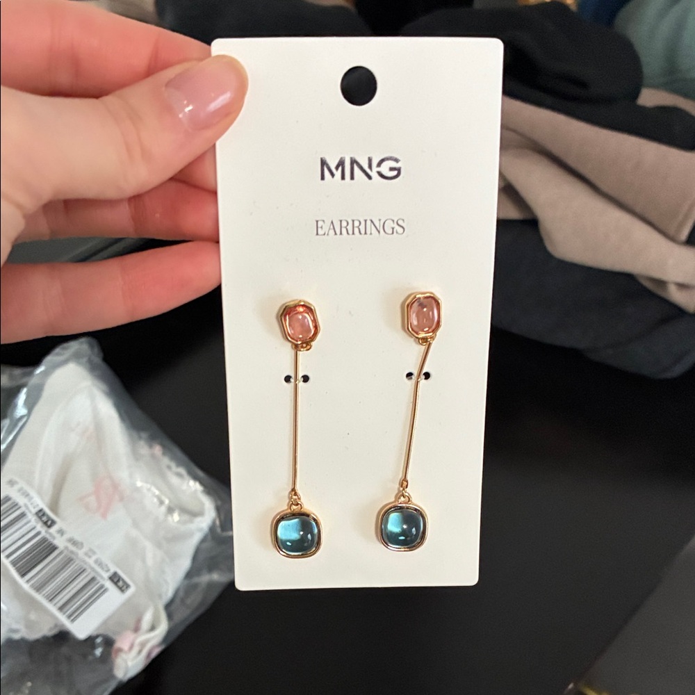 Mango Gold, Light Pink & Teal Dangle Earrings
